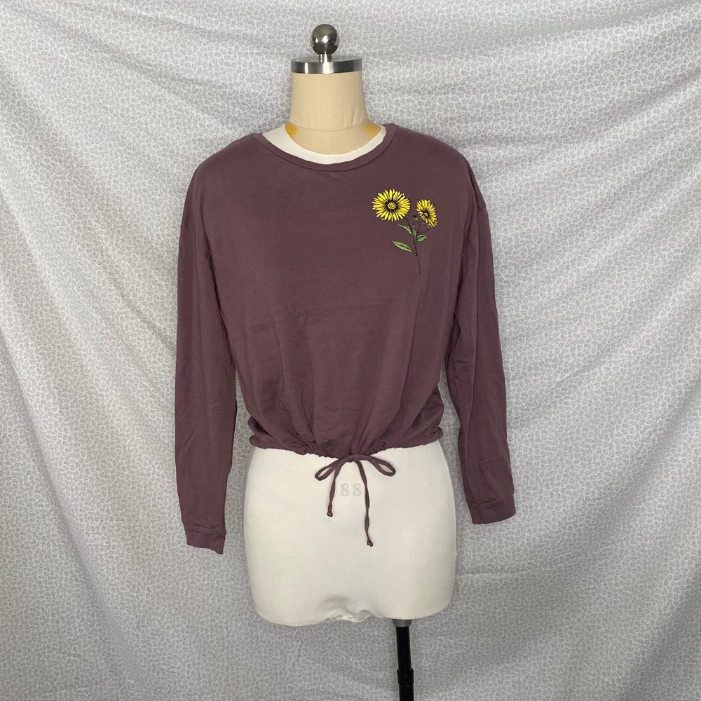 Dark Off Purple Drawstring Bottom Long Sleeve Shirt Sunflower Print Back Quote